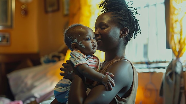 a woman holds a baby in front of a fire in a room