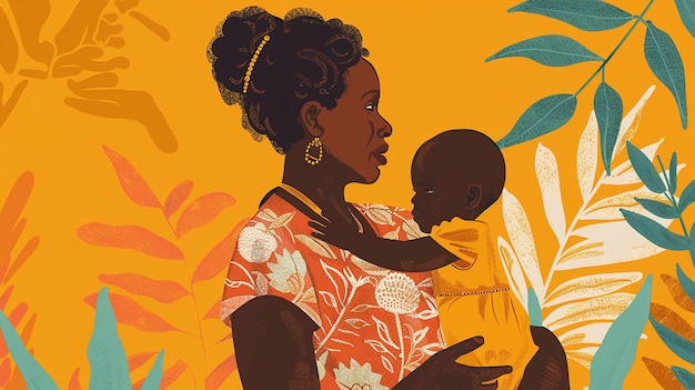 a woman holds a baby in her arms in an orange and white print