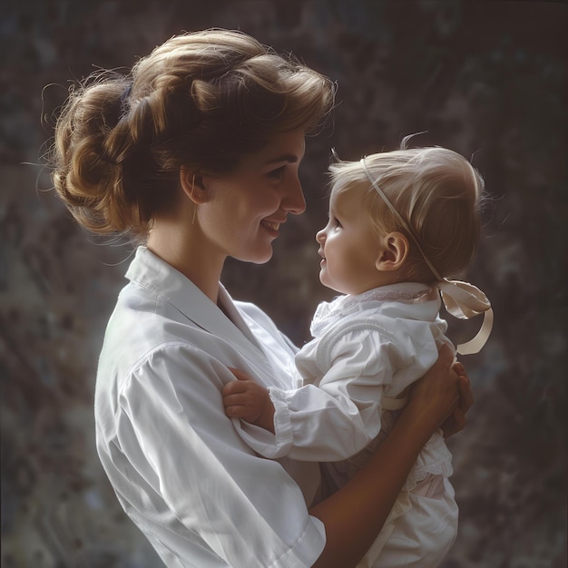 Photo a woman holds a baby and wears a white dress