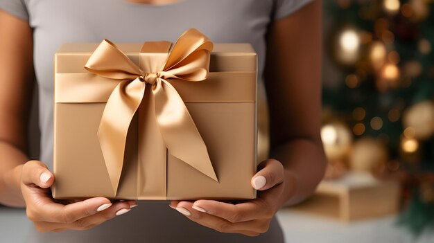 A woman holds beautifully wrapped Christmas gift with copy space Generative AI