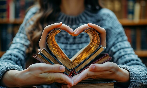 a woman holds a book with a heart in her hands