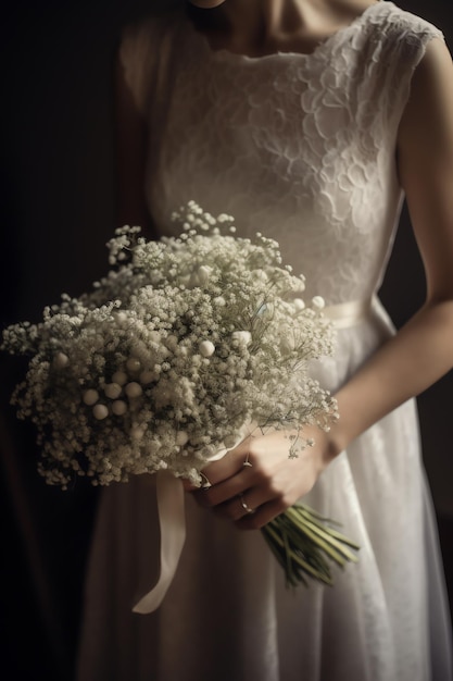 A woman holds a bouquet of baby's breath.