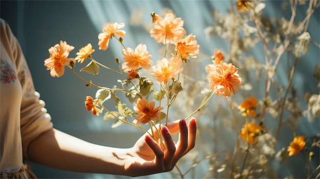 A woman holds a bouquet of flowers in a garden.