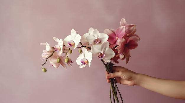 A woman holds a bouquet of orchids