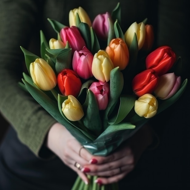 A woman holds a bouquet of tulips in her hands.