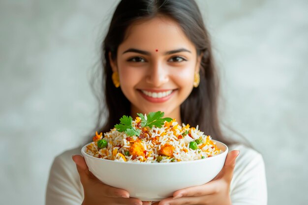 Photo a woman holds a bowl of rice with rice and vegetables