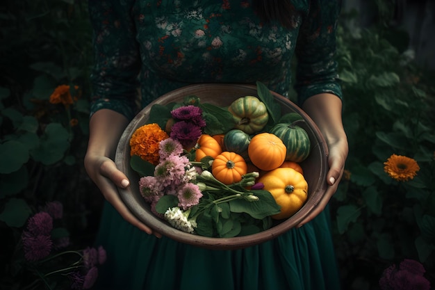 A woman holds a bowl of vegetables in her hands.