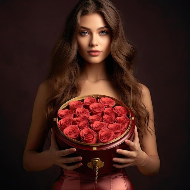 Photo a woman holds a bright red box of roses in the style of photorealistic compositions