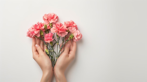 a woman holds a bunch of pink flowers in her hands