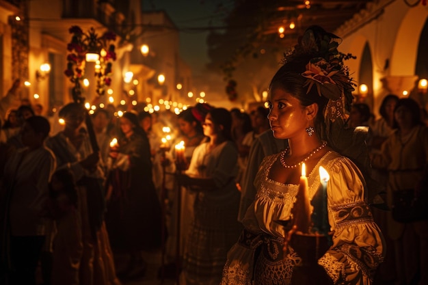 a woman holds a candle in a dark street