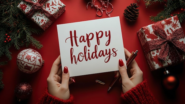 Photo a woman holds a card that says happy holidays