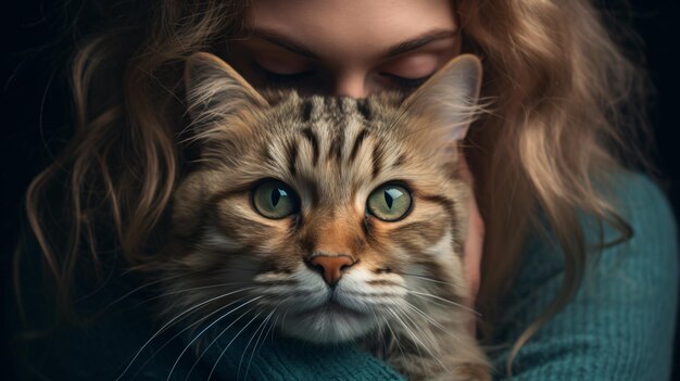 a woman holds a cat with a womans face and a woman is hugging her