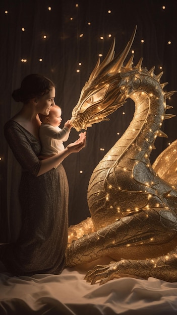 A woman holds a child in front of a golden dragon.