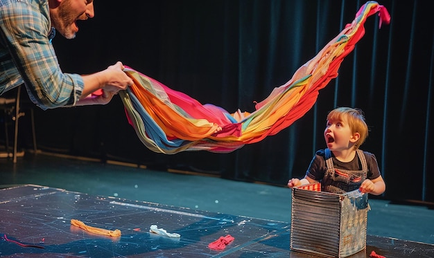 Photo a woman holds a child in a hammock with a colorful cloth over her head