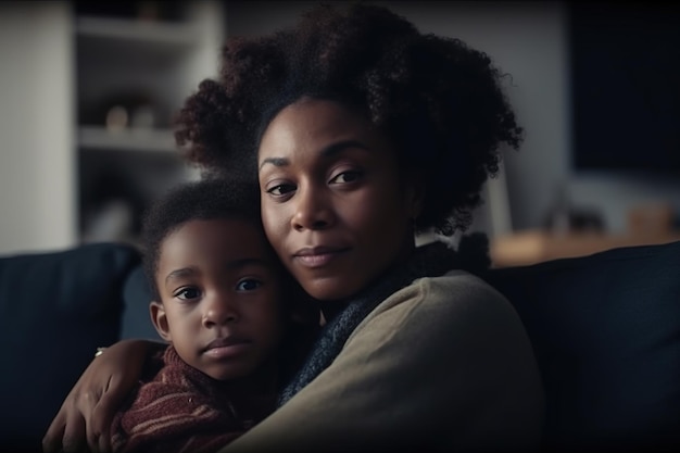 A woman holds a child on her lap.