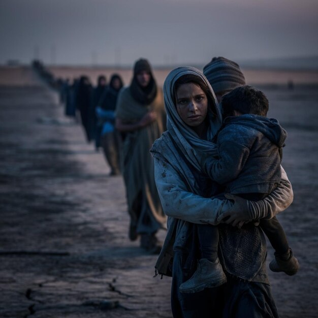 Photo a woman holds a child in a line with other people in the background