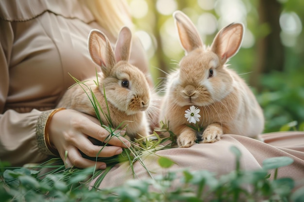 Woman holds cute bunny in forest both relaxed and calm