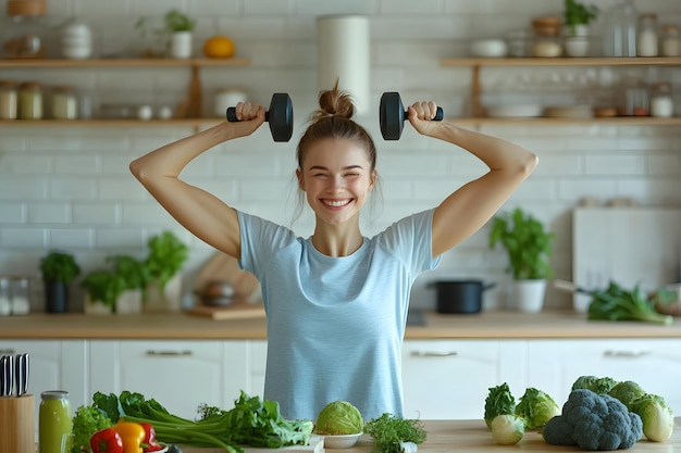 Photo a woman holds dumbbells above a kitchen counter with vegetables