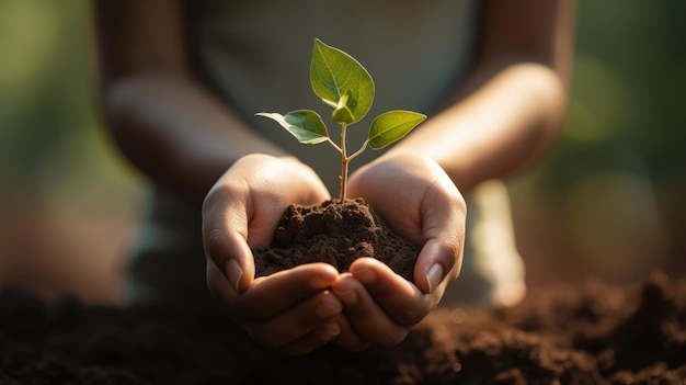 Woman holds fertile soil in his hands with growing green seedling