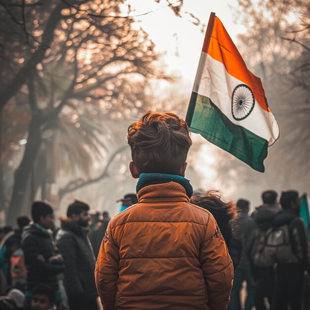 a woman holds a flag in a crowd of people