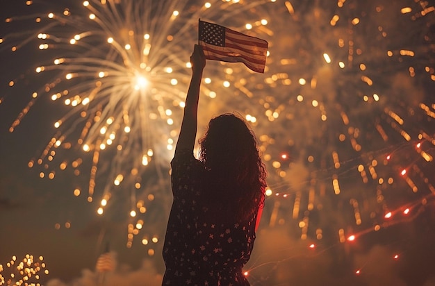 a woman holds a flag in front of fireworks