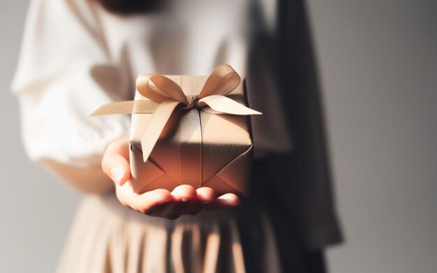 A woman holds a gift box forward Illustration of joyful events during the festival white background