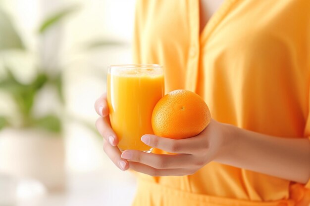 A woman holds a glass of freshly squeezed juice in her hands in the kitchen