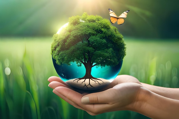 a woman holds a globe with a tree and butterfly on it.