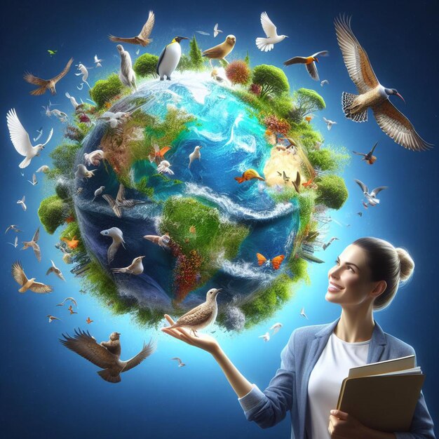 a woman holds a globe with a world around it and a book of birds flying around it