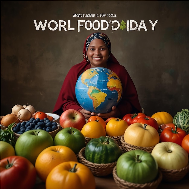 Photo a woman holds a globe with a world of food in the background