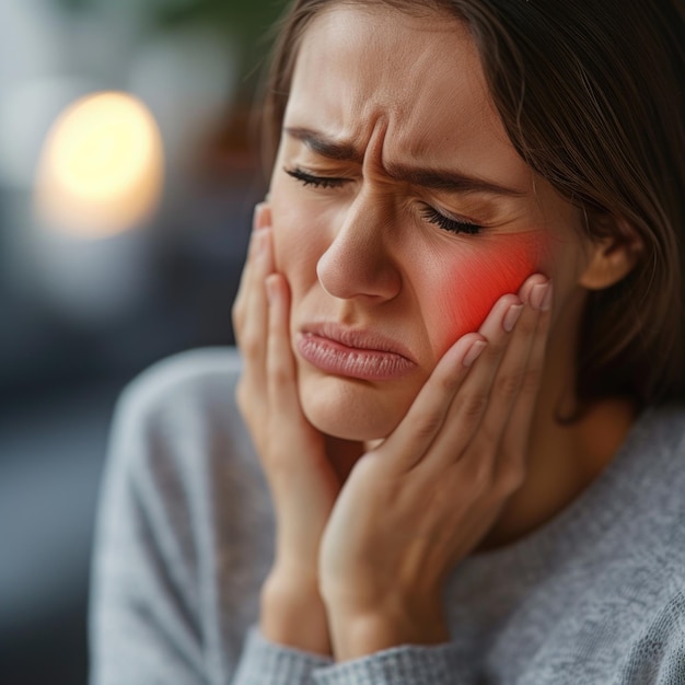 A woman holds her cheek while suffering from a toothache depicting the discomfort and pain experienced during dental issues emphasizing the need for oral health care and treatment