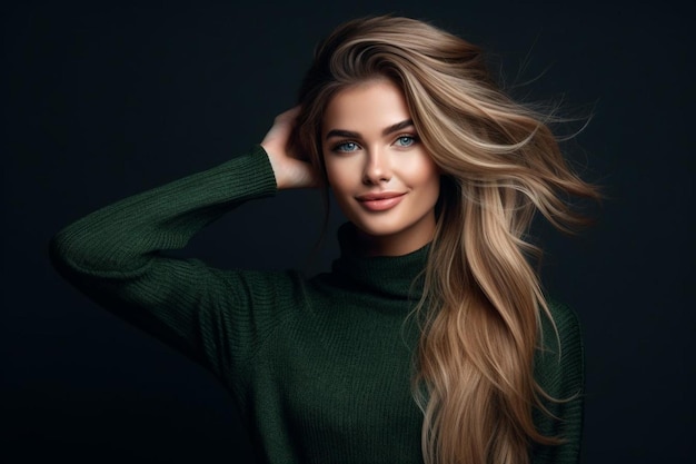 Woman holds her hair up posing in green sweater