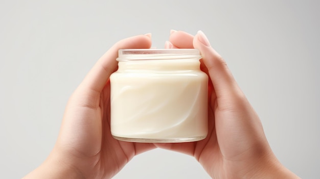 Woman holds a jar of beauty cream in her hands on a grey background Created with Generative AI technology