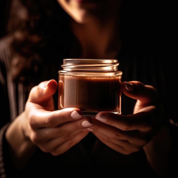 A woman holds a jar of coffee in front of her face