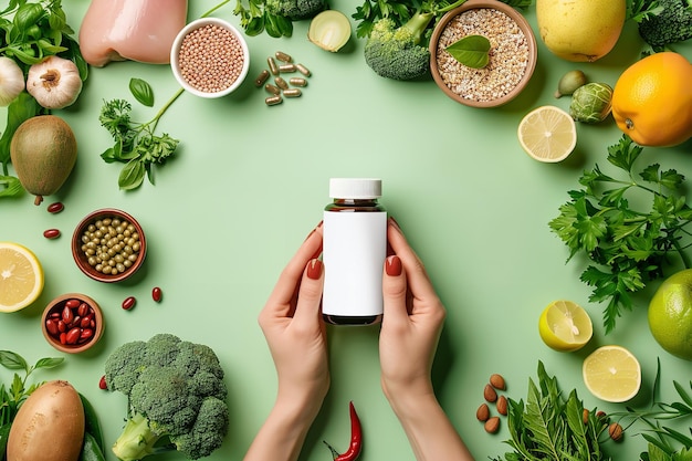 Photo a woman holds a jar of olive oil and vegetables on a green table