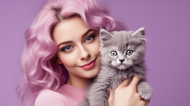 Woman holds a kitten in her arms on purple background