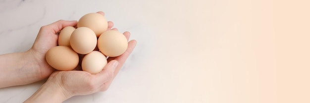 Woman holds large chicken eggs in her palms Farm chicken eggs