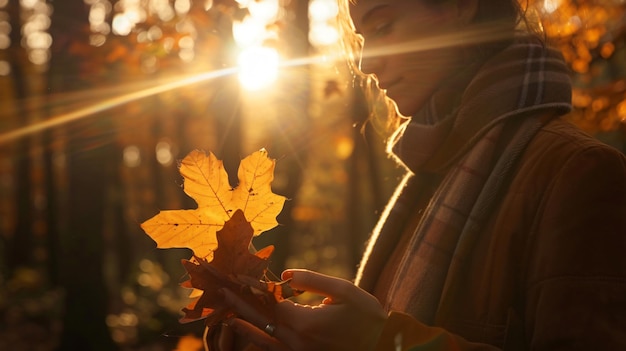 a woman holds a leaf in front of a sunset light