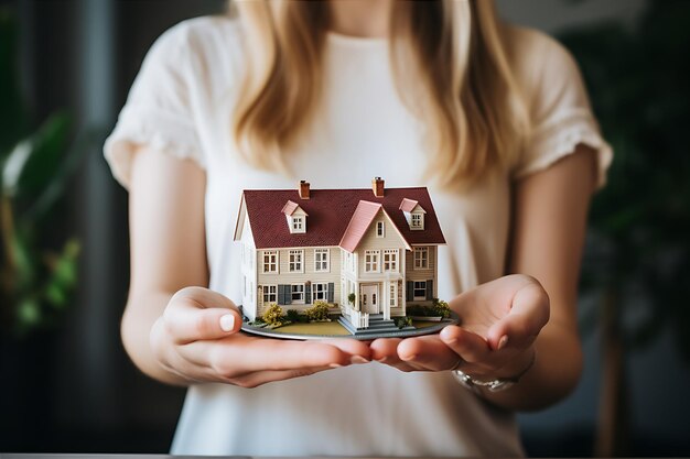 Woman Holds Model House and Keys