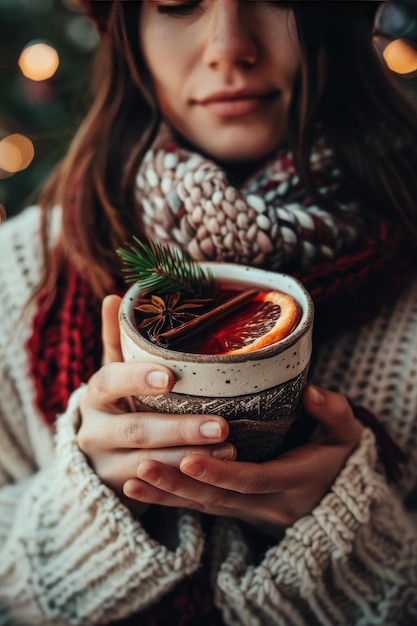 Photo a woman holds mulled wine in her hands selective focus