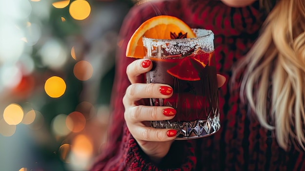 Photo a woman holds mulled wine in her hands selective focus