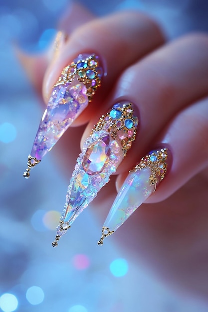 a woman holds a nail with a purple and gold glittery design