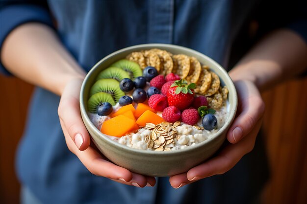 Woman Holds Oatmeal Bowl Toppings