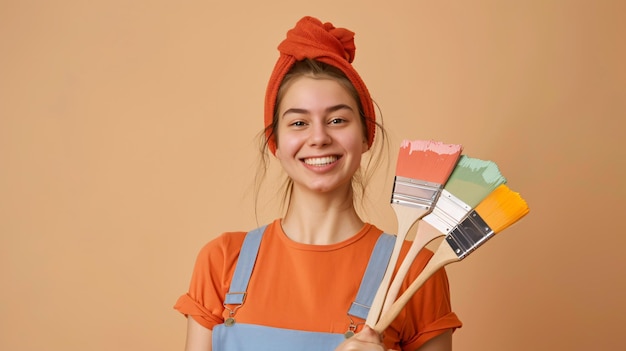 a woman holds a paint brush and a paint brush