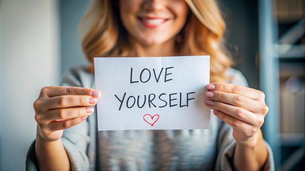 a woman holds a paper that says love yourself