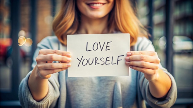 a woman holds a paper that says love yourself