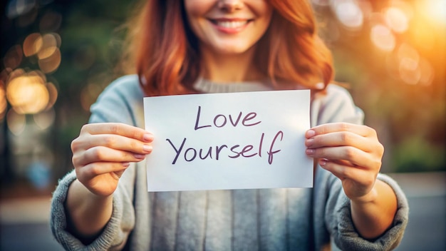 Photo a woman holds a piece of paper that says love yourself yourself yourself