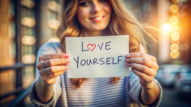 a woman holds a piece of paper that says love yourself yourself yourself