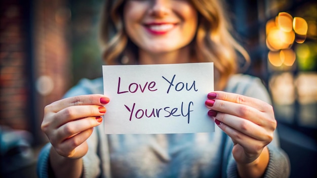 a woman holds a piece of paper that says love yourself yourself yourself