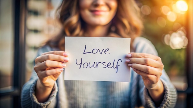 Photo a woman holds a piece of paper that says love yourself